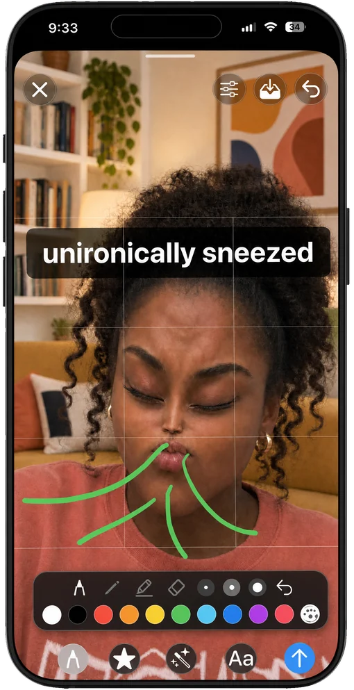 Drawing in green over a photo with the color palette open