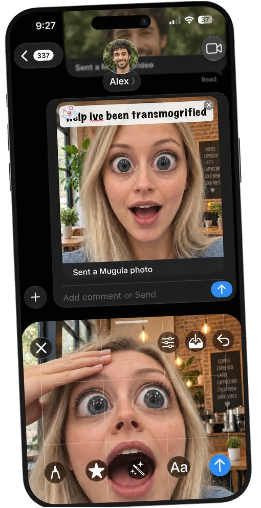 A big-eyes Mugula photo sent in a Messages conversation, with the Mugula camera open below